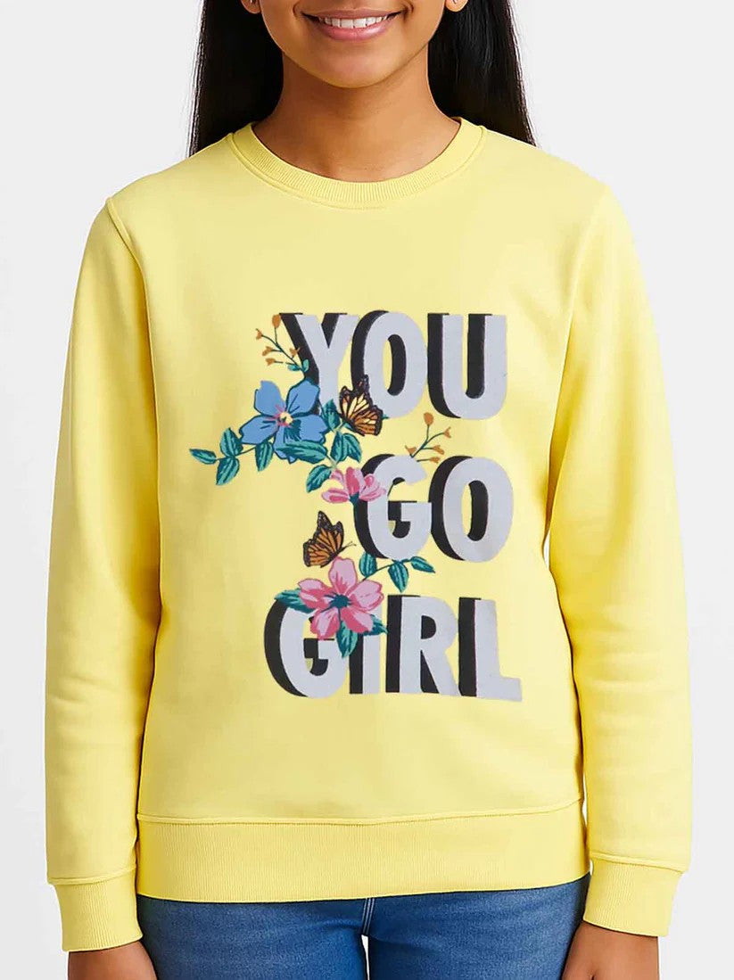 Girls Yellow Printed Fleece Pullover Sweatshirt