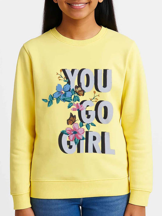 Girls Yellow Printed Fleece Pullover Sweatshirt