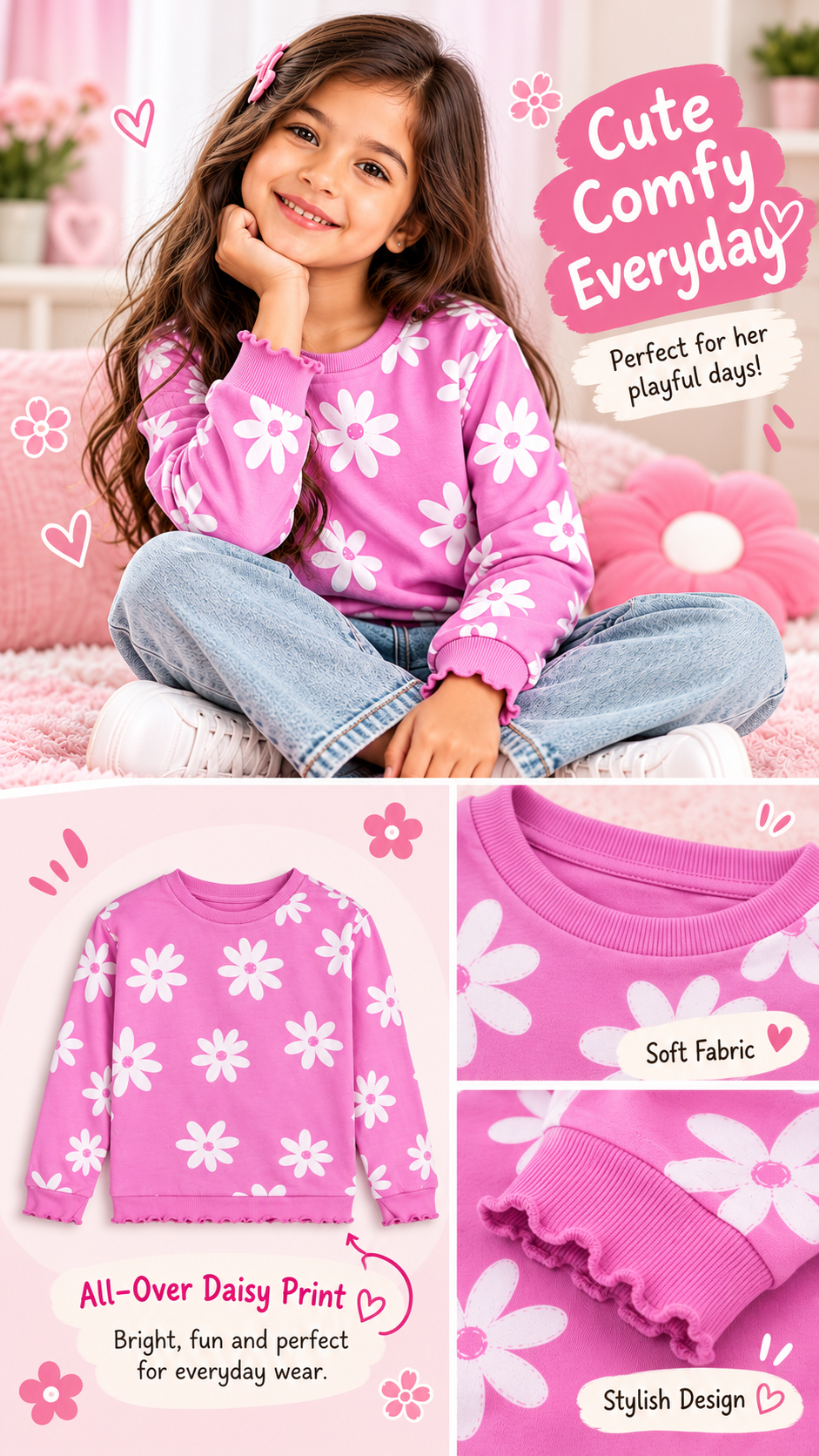 Girls Printed Floral Pullover Sweatshirt