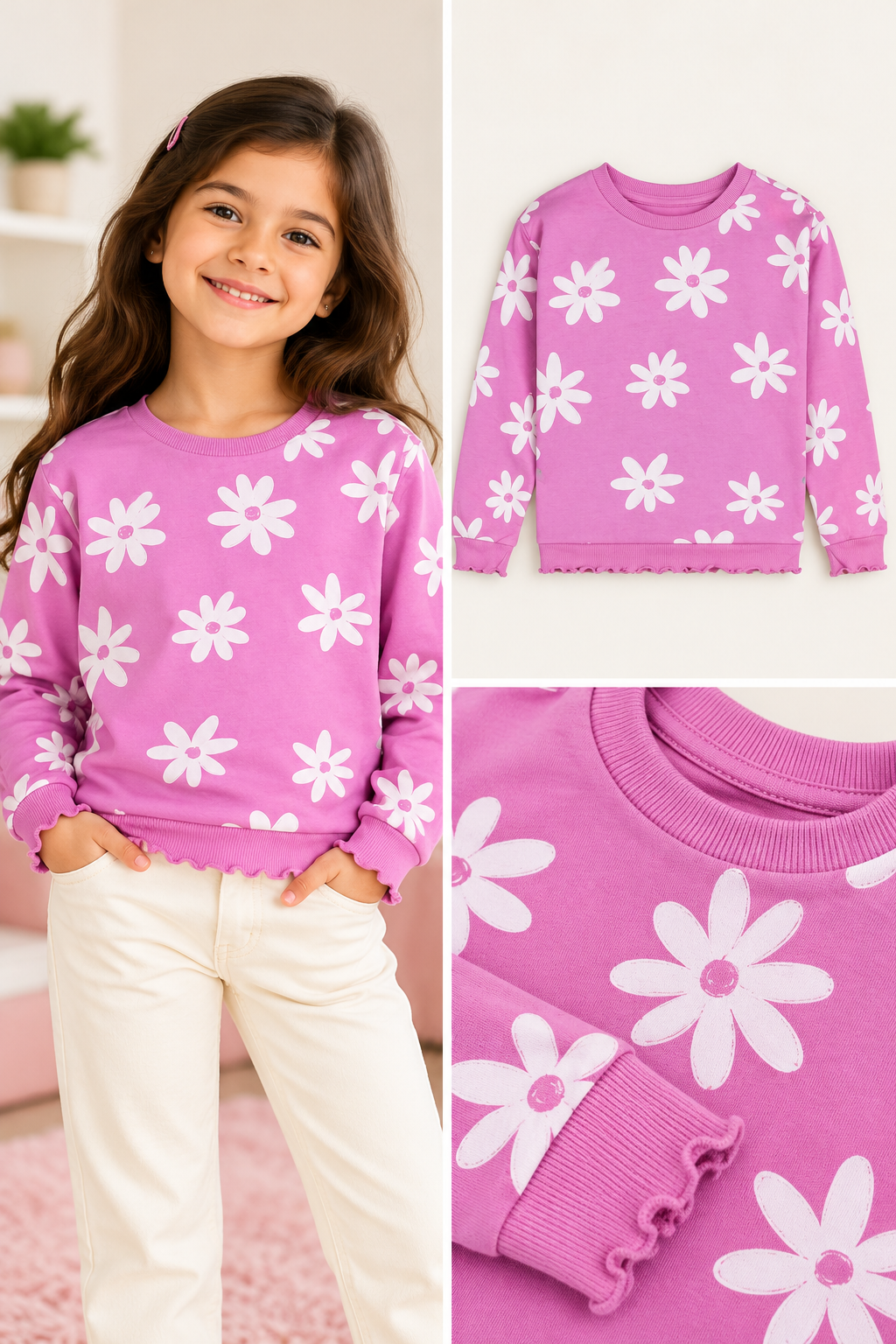 Girls Printed Floral Pullover Sweatshirt